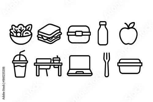 Lunchbox and meal prep line icon set. Food and drink linear icons for meal planning