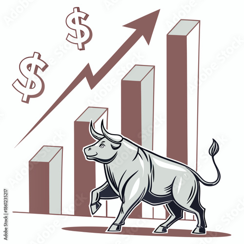 Bull standing in front of rising bar graph with dollar signs
