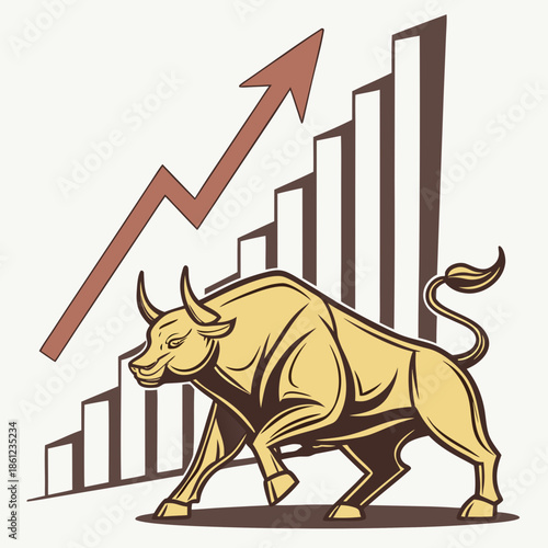Golden bull statue positioned near ascending industrial graph