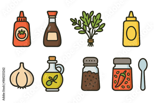 Cooking ingredients outline icon set. Condiments, spices, herbs, and kitchen essentials