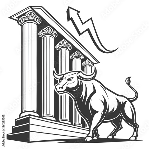 Black and white of bull in front of building with columns and upward arrow