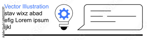 Innovation, brainstorming, communication, technology, problem solving, collaboration. A light bulb with a gear icon next to a speech bubble. Innovation and brainstorming concept