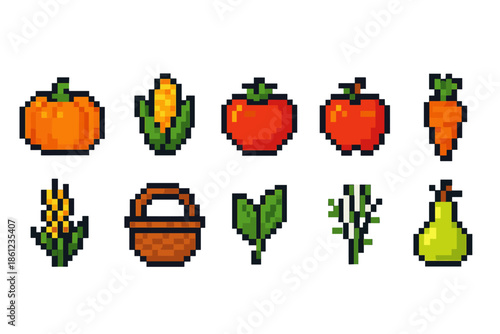 Harvest, farming pixel icon set. Agricultural line icons collection for autumn