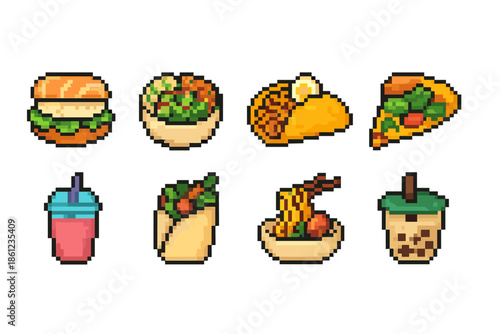 Pixel art food icon set. Snacks and beverage icons in pixelated style