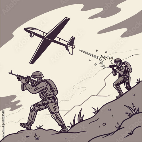 Soldiers shooting at hostile drone from hilltop military