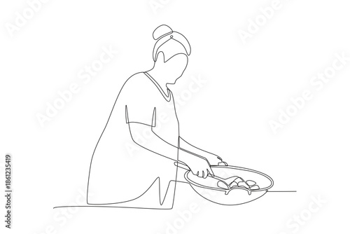 Woman cooking rendang. Cooking rendang concept one-line drawing