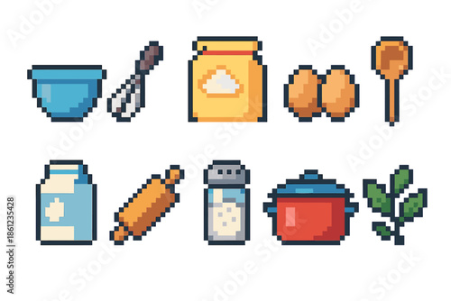 Baking, cooking pixel art icon set. Kitchen, recipe essentials outline icons collection