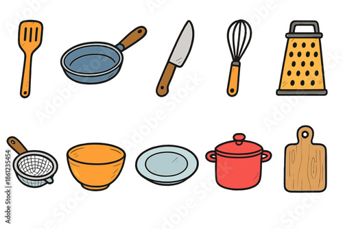 Kitchen tools icon set. Cooking, baking essentials icons in hand-drawn style