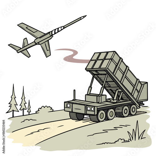 Military air defense system engaging drone threat