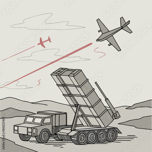 Military air defense system launching missile at drone threat