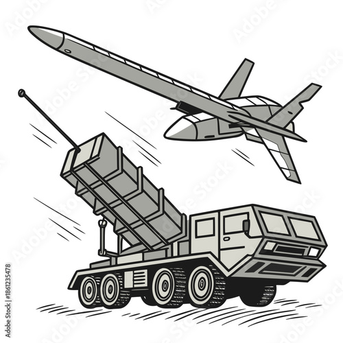 Mobile missile platform launching missile at flying drone