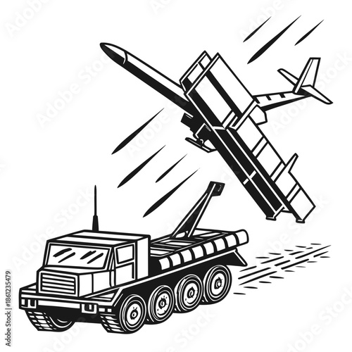 Mobile missile platform launching missile at airplane