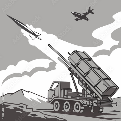 Tactical missile launcher firing upward at aerial target 1