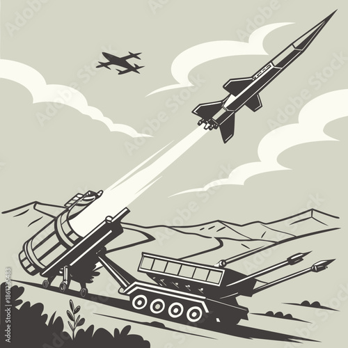 Tactical missile launcher firing upward at aerial target