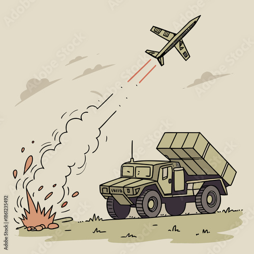 Tactical defense launcher engaging aerial drone military truck