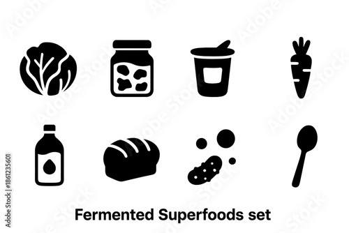 Fermented superfoods solid icon set: kimchi, yogurt, kombucha, healthy fermentation icons
