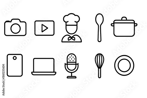Cooking and media line icon set. Culinary, technology, and kitchen tools outline icons