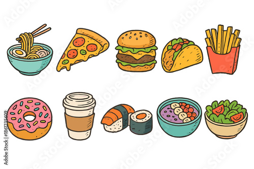 Food and drink icon set. Outline style collection of popular food and beverage icons