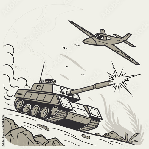 Ground defense vehicle firing at unmanned drone tank