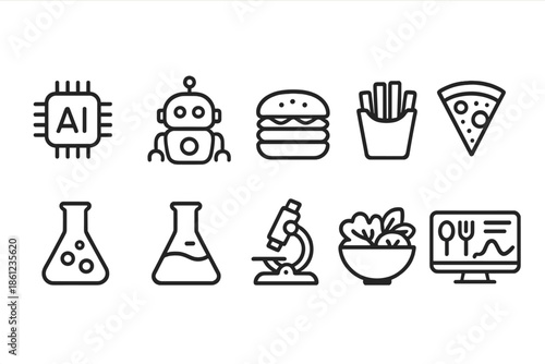 Food and technology linear icon set. Fast food, ai icons collection