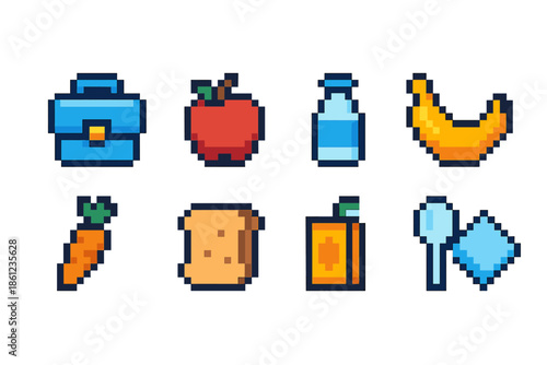 Food, beverage pixel icon set. Breakfast, snack icons in pixel art style