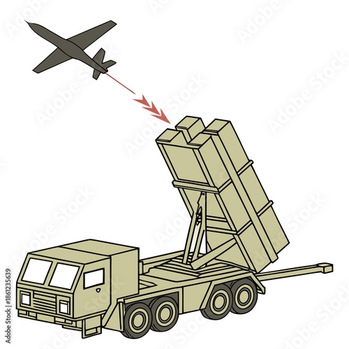 Military truck with missile launcher engaging drone