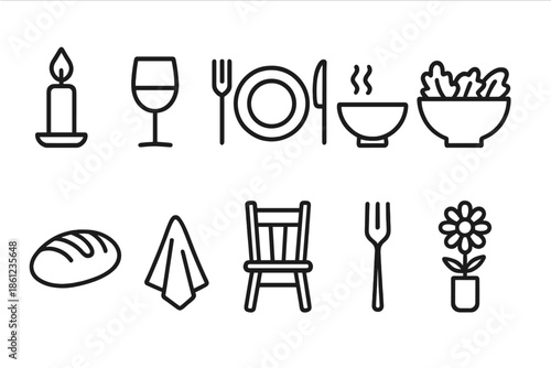 Dining and kitchen outline icon set for restaurants and cafes