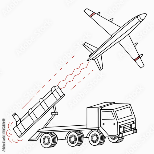 Tactical defense system launching missile at flying aircraft