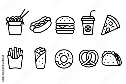 Fast food linear icon set. Burgers, pizza, snacks linear style icons collection