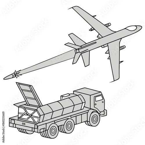 Gray missile launcher truck and airplane with missile