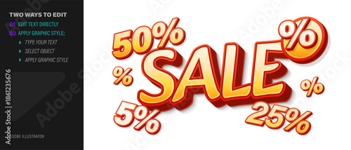 3D SALE text effect with floating percentage discount values