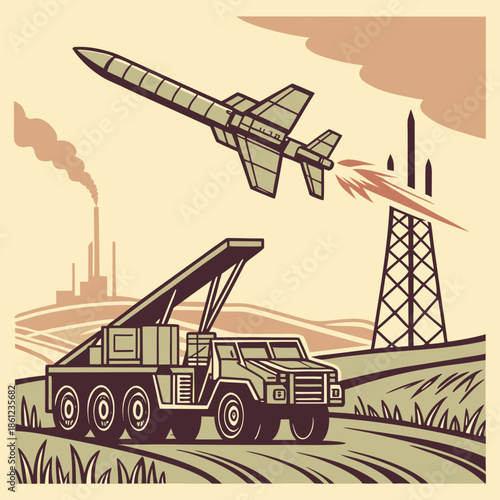 Military launcher firing rocket at incoming u missile