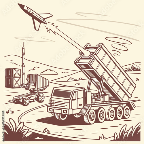 Military launcher firing rocket at incoming threat