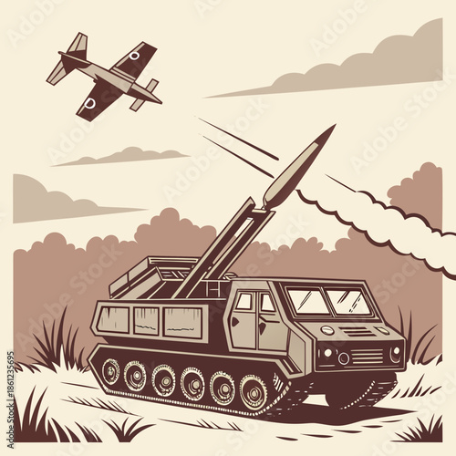 Mobile air defense vehicle launching rocket toward airplane