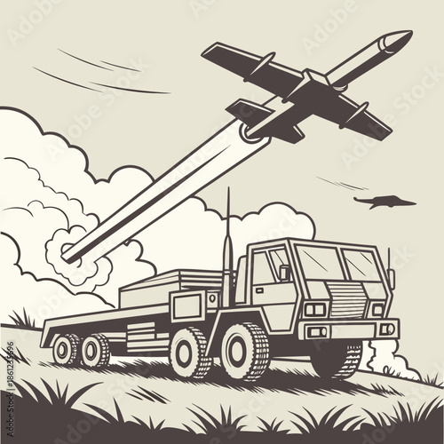 Mobile air defense vehicle launching rocket launcher