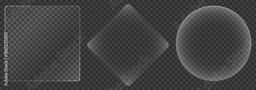 Transparent glass frame set. Realistic clear panel shapes for UI, app, and web design