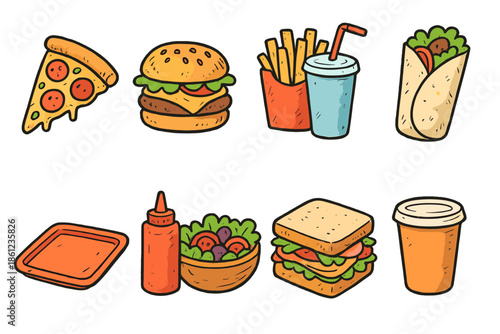 Fast food icon set. Hand-drawn style featuring burger, pizza, fries, and more