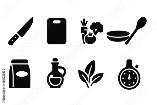 Cooking and kitchen silhouette icon set: essential utensil and food silhouettes