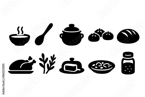 Culinary silhouette icon set featuring kitchen and food essentials