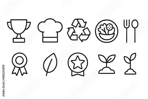 Eco lifestyle outline icon set. Sustainability, healthy living, organic symbols collection
