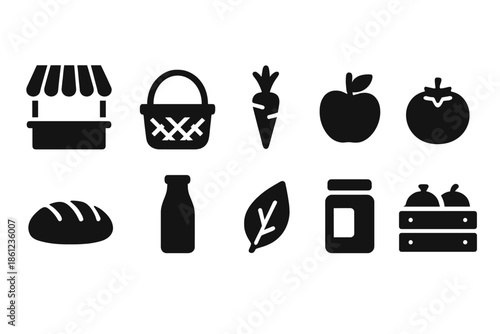 Farmers market silhouette icon set with organic, fresh produce, and food market icons