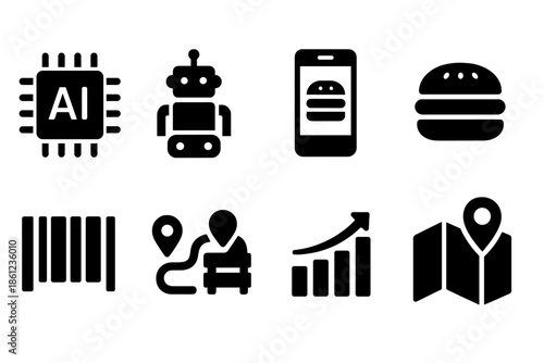 Technology, food solid icon set. Ai, robotics, smartphone, growth, navigation icons