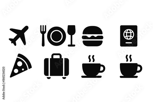 Travel silhouette icon set. Journey, vacation, and leisure solid icons collection