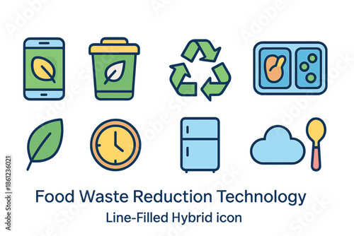 Food waste reduction technology icon set: line-filled collection for eco solutions