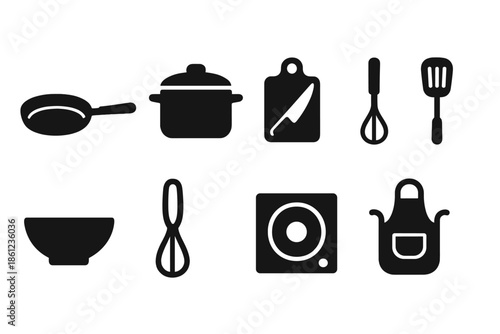 Kitchen and cooking silhouette icon set. Culinary tools and utensils silhouette collection
