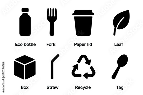 Eco bottle, fork, paper lid icon set. Recycle, straw, tag icons outline collection