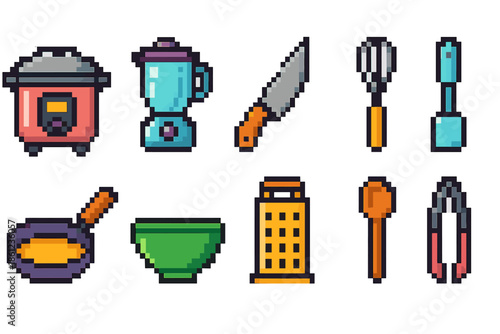 Kitchen essentials pixel icon set. Appliances, utensils, and tools in pixel art style