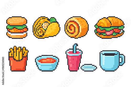 Fast food pixel icon set. Snacks, beverages, pixel art style icons for menus