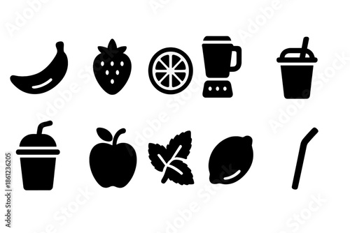Fruit and beverage silhouette icon set: fresh produce, drink icons collection