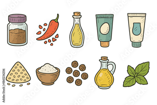 Spices, herbs flat icon set. Organic cooking essentials, seasoning elements collection